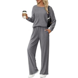 Ekouaer Lounge Sets for Women Comfy Ribbed Knit Pajamas Fall Long Sleeve Sleepwear 2 Piece Casual Loungewear, XL (Grey)