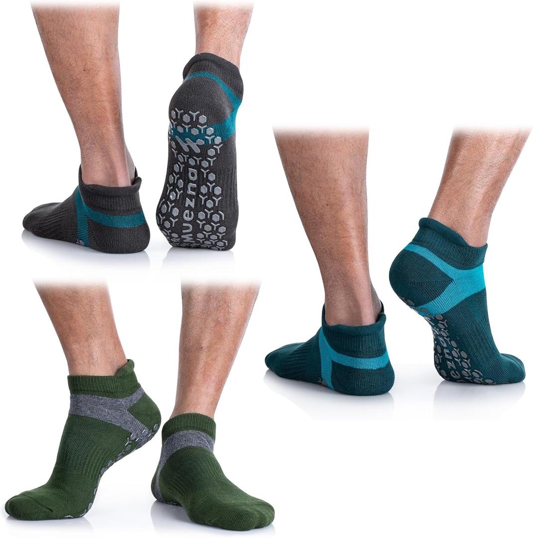 Muezna Men's Non-Slip Yoga Socks, Anti-Skid Pilates, Barre, Bikram Fitness Hospital Slipper Socks with Grips (9-11, Lake Blue+navy+green -3 Pairs)