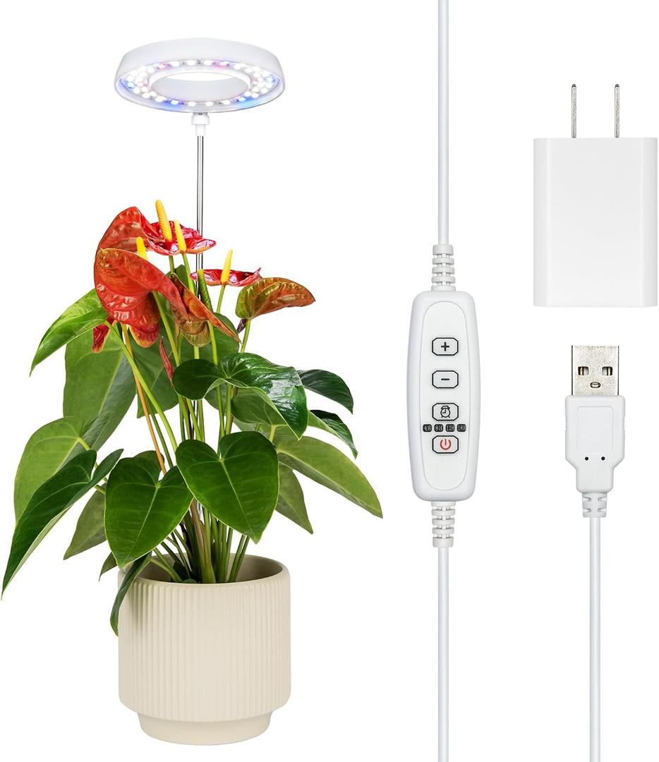 Grow Light for Indoor Plants, Full Spectrum 48LEDs Small Grow Light, Plant Light Super Bright with 4/8/12/18H Auto Timer, Dimmable, Adjustable Height 7"-17", Halo 3.5", Power Cord 78", Plug Included
