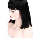 morvally Short Straight Black Wig with Bangs Natural Looking Heat Resistant Hair Cosplay Costume Wigs for Women (14 inches Natural Black)