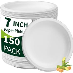 White Paper Plates 7 Inch (Round,150 Count) Heavy Duty Disposable Dinner Plates Bulk, Small Compostable Dessert Dishes for Party, BBQ and Gathering, Microwave-Safe/Sturdy/Leak Resistant