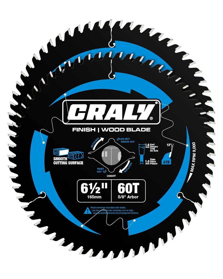 CRALY 6-1/2 Inch 60 Teeth Ultra Fine Finish Wood Cutting Circular Saw Blade, 5/8 Inch Arbor, Carbide Tipped, Thin Kerf, Black Ice Coating, for Plywood, MDF, OSB, Laminated, 2-Pack(C0660FF-2)