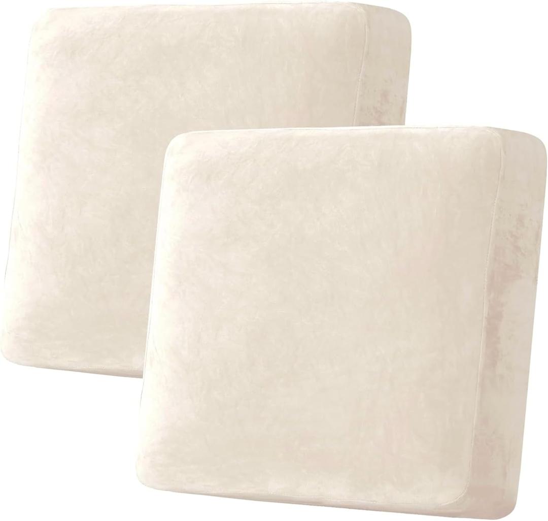 H.VERSAILTEX Velvet Stretch Couch Cushion Cover Plush Cushion Slipcover for Chair Loveseat Sofa Cushion Furniture Protector Seat Cushion Sofa Cover (2 Piece Large Sofa Cushion Covers, Cream)