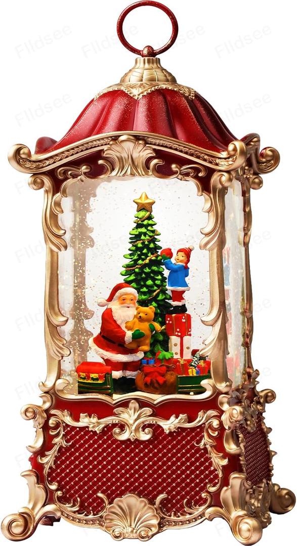 Snow Globe Lantern Christmas Decorations Indoor, Musical Snowglobe Light with Timer, USB & Battery Powered Music Box, Santa Claus Bear Cub Moving Train, Xmas Holiday Home Decor