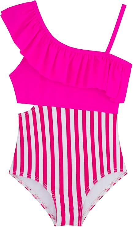 Girls One Piece Swimsuits Cutout Ruffle Bathing Suit Quick Dry Beach Swimwear with Adjustable Strap 13-14Y