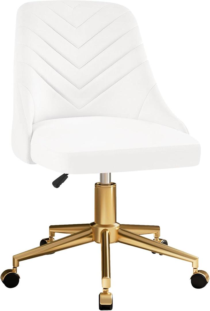 VECELO Velvet Vanity Desk Chair with Height-Adjustable for Office Living Room Bedroom Make Up Study, 360Swivel, Wheeled Gold Base, White