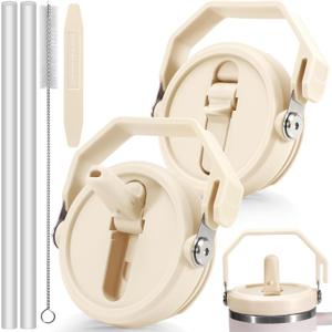40 oz Leakproof Lids Only for Stanley Quencher H2.0 Tumbler, 2 Pack Detachable Flip Straw Handle Lid Replacement Cover for 40oz Stanley Cup Accessories ProTour (Cream,Cream)