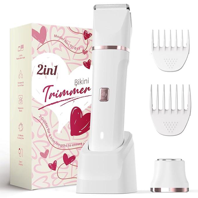 Electric Body Trimmer for Men, IPX7 Waterproof Groin and Pubic Hair Shaver, 2 in 1 Dual Head Grooming Kit for Beard Nose Ear, Cordless Rechargeable with Charging Dock, Ceramic Blades, Painless Trim (Ivory)