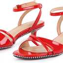 Strappy Gold Heeled Sandals Stiletto Heel for Women Stylish Kitten Heels Womens Platform Sandal Rhinestone Wedding Shoes for Party Dancing Graduation (Size 7, Red)