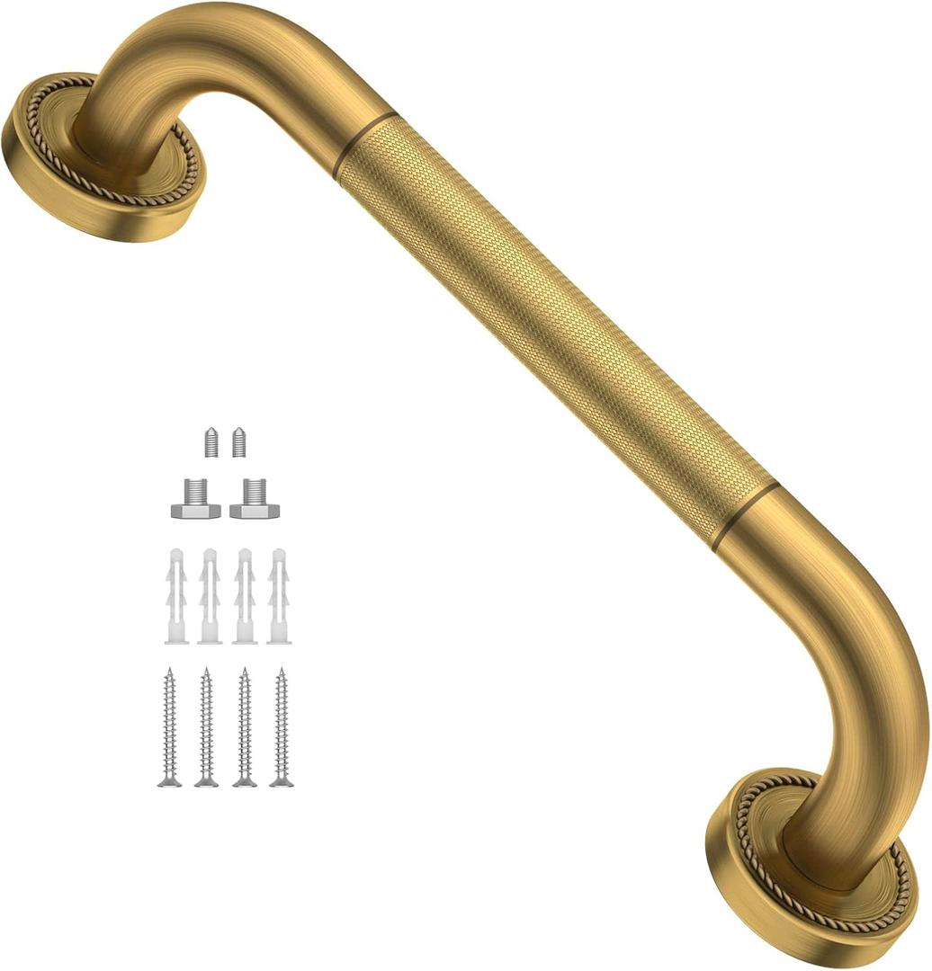 12 Inch Anti Slip Bronze Shower Grab Bar Polished Gold,ZUEXT Antique Brass Bathroom Grab Bar, Knurled Bathroom Balance Bar,Safety Hand Rail Support,Handicap Elderly Injury Senior Assist Bath Handle
