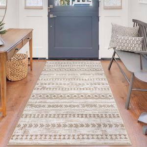 Boho 3x5 Area Rug for Living Room, Beige Brown Neutral Moroccan Washable Entryway Rugs Non-Slip, Ultra Soft Print Distressed Geometric Bedroom Rug Low-Pile Throw Carpet for Nursery Dorm