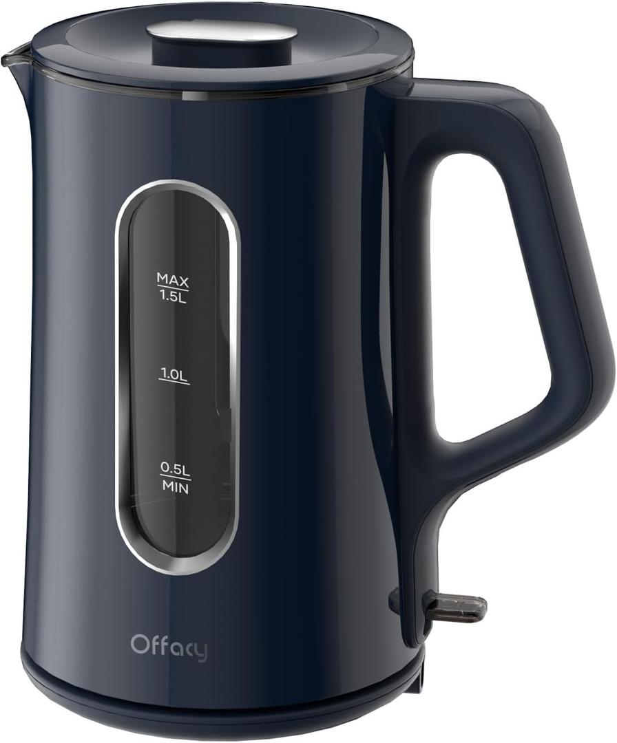 OFFACY Electric Kettle, Double Wall Glass Inner, Hot Water Boiler Heater Pot, 1.5-Liter, 1200 Watts for Fast Boiling, 53oz BPA Free, Navy Blue