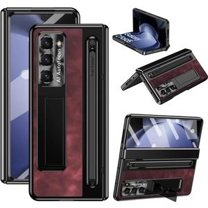 for Samsung Galaxy Z Fold 6 Case with Slim S-Pen Holder & Capacitance Pen, Kickstand Premium Jazz Retro Leather Soft Touch Shockproof Hard Full-Body Screen Hinge Protection -Red