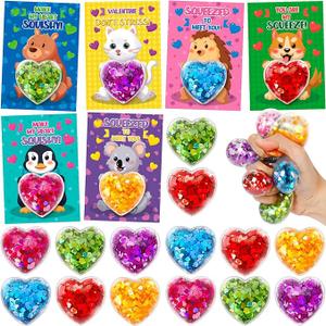 Valentines Day Gifts for Kids, 24 Packs Heart Stress Balls, Valentines Day Cards for Kids School Classroom Prize Exchange, Squeeze Toys Goodies Bag Stuffers, Valentines Party Favors for Boys Girls