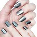 10 x Cat Eye Nails Short Squoval, Shimmery Black, Small Size Press on False Nails, 24 Reusable Fake Nails With Stick on Adhesive Tabs