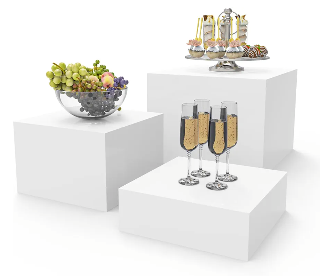 PecMuikee Buffet Risers, Food Risers for Buffet Table, Display Stand Shelf for Catering Dessert Collectibles Jewelry Figures Show, Acrylic Cube Display Nesting Risers with Hollow Bottoms 3PCS 7*8"9"