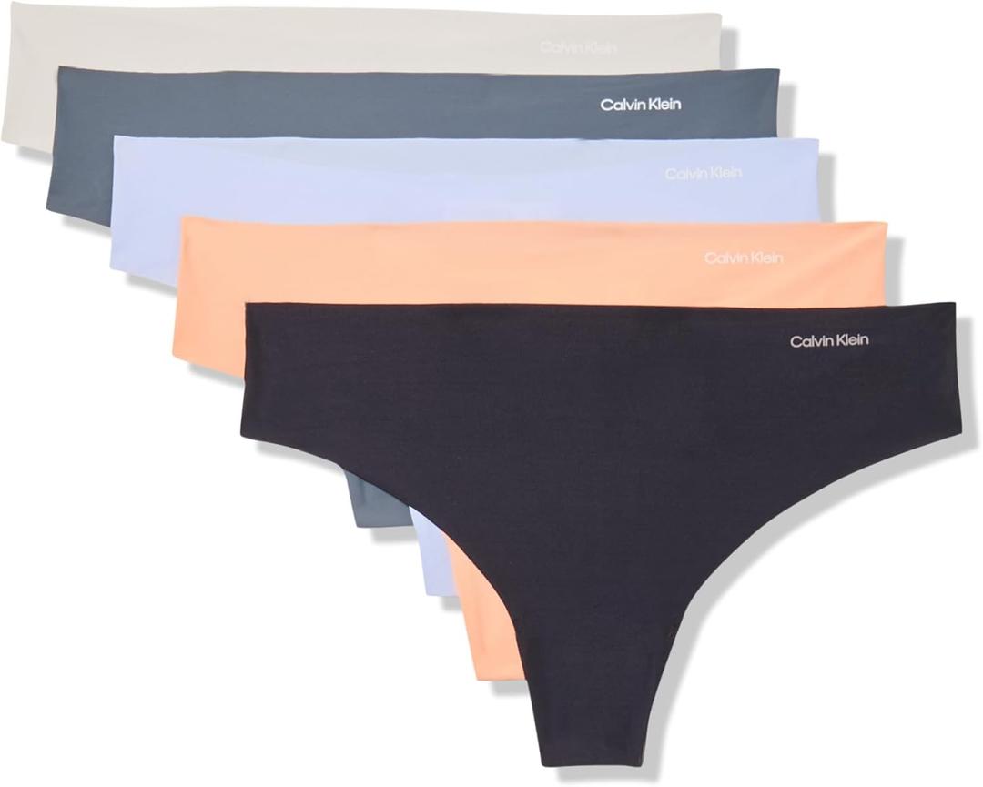 Calvin Klein Women's Invisibles Seamless Thong Panties (5 Pack) (Black/Saltwater/Shark/Papaya Punch/Wind Chime, XS)