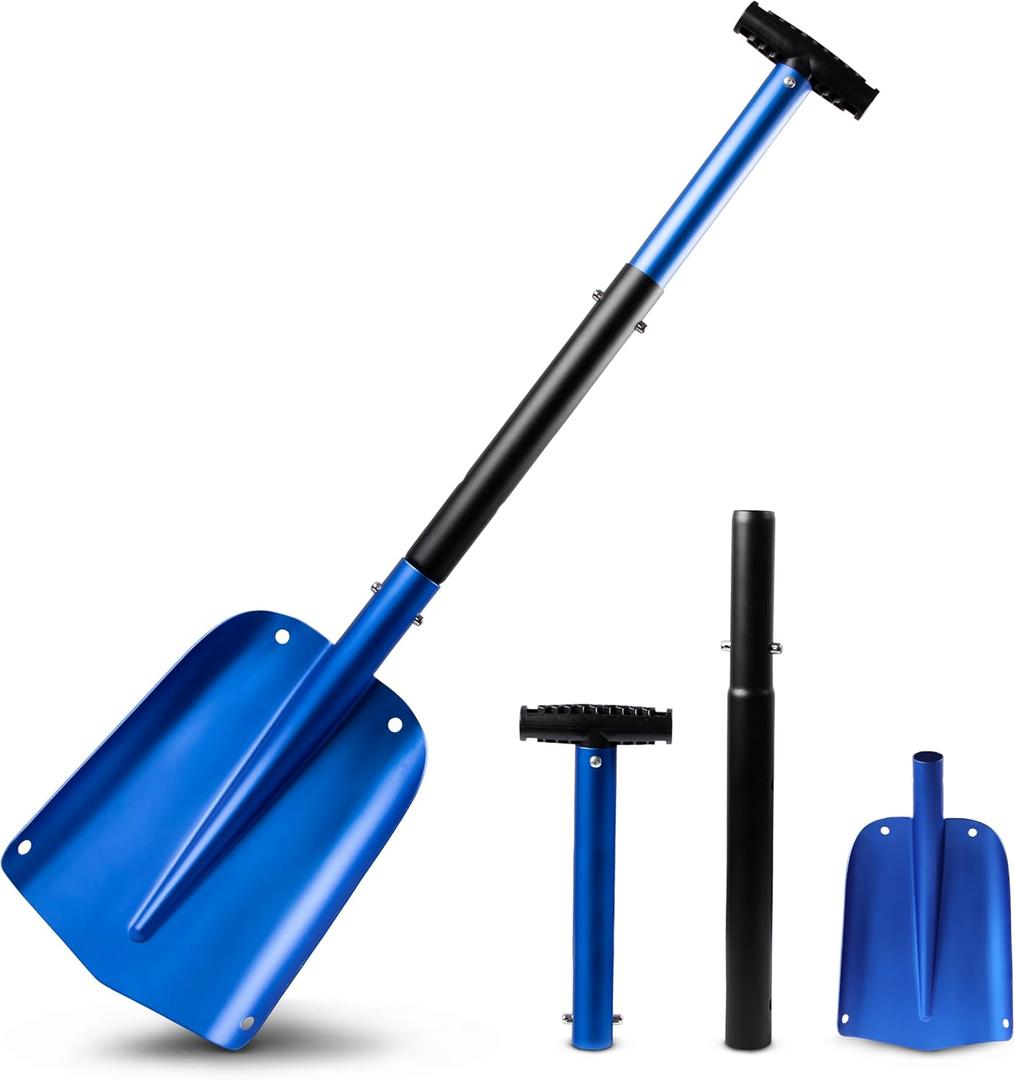 EcoNour 32" Multipurpose Snow Shovel for Car Driveway | Lightweight Aluminum Shovel for Snow, Sand, and Garden Use | Heavy-Duty, Foldable 3-Piece Shovel for Car, Home, and Outdoors (Blue)