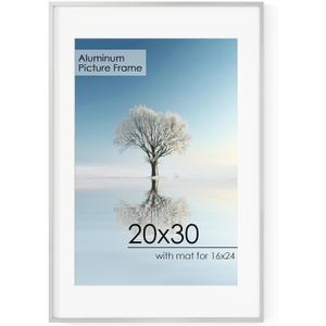 20x30 Metal Picture Frame for Wall With Mat for 16x24, 20''x30'' Aluminum Photo Frames With Tempered Glass for Home Decor, Minimalist Modern Poster Frame Horizontal And Vertical Formats, Silver (20''x30''-1P Real Glass)