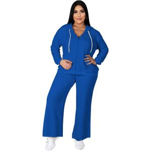 Tycorwd Women's Plus Size Two Piece Outfits Sweatsuits Sets Long Sleeve Full Zipper Hoodies Wide Leg Pants Tracksuit Sets (Blue, XXXL)