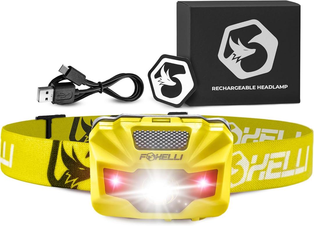 Foxelli Rechargeable LED Headlamp  Ultralight, Waterproof, and USB Rechargeable Headlamp with Red Light for Running, Camping, Hiking & Outdoors (Neon Yellow)