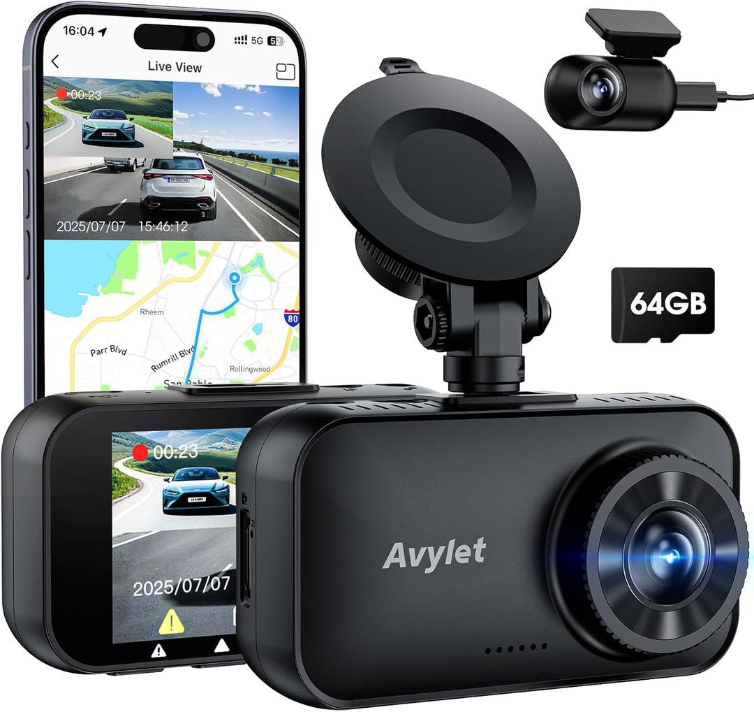 Avylet 4K/2.5K+1080P Dash Cam Front and Rear, 5G WiFi APP Dash Camera for Cars with 64GB Card, ADAS Lane Assist, 2.7IPS Screen, Parking Mode, External GPS Module, Night Vision, G-Sensor
