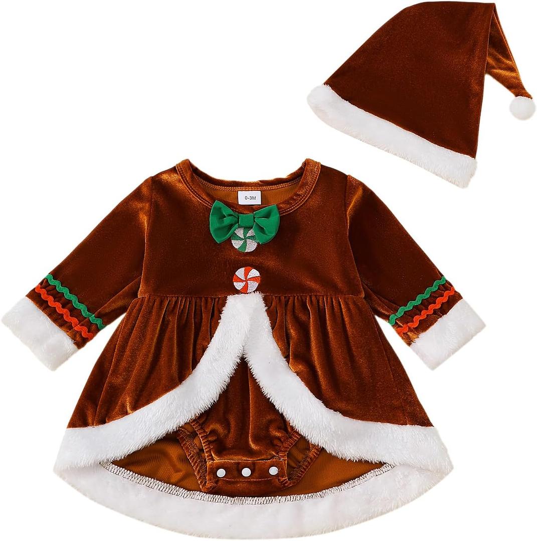 Newborn Baby Girl Christmas Outfit Santa Dress Ruffle Long Sleeve Velvet Romper Dresses Xmas Clothes With Hat (Brown)