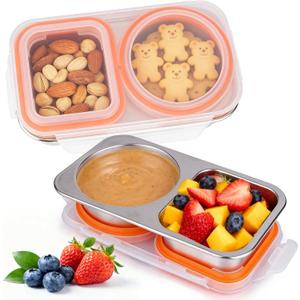 Palksky Stainless Steel Snack Containers, 2 Compartment Snack Box for Adults, Work & Travel, Reusable Food Storage Containers, 2 Packs