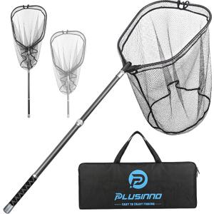 PLUSINNO Large Fishing Net, 3.4-7.7 FT Carbon Fiber Fish Net with Long Telescoping Handle, Kayak Fishing Gear Accessories Foldable Landing Net for Bass, Trout, Catfish, Fishing Gifts for Men Father, 4.9 FT Full Length