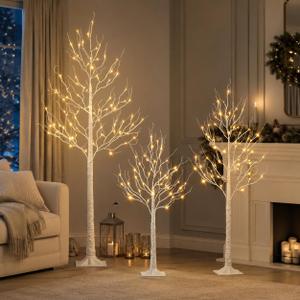 LED Lighted Birch Tree 3-Pack, 4FT 5FT 6FT Lighted Tree for Home