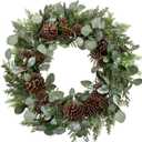 Briful Artificial Christmas Wreath 24 Inch Large Front Door Wreath with Glittering Eucalyptus Green Leaves Pine Branches Pine Cones for Home Room Mantle Wall Window Xmas Indoor Outdoor Decor