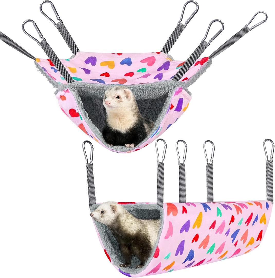Bienbee 2 Pcs Ferret Rat Hammock Set for Cage Washable Guinea Pig Hideout Bed Soft Small Animal Hammock Tunnel Toys Ferret Cage Accessories for Hedgehog Sugar Glider Squirrel Hamster, Pink Hearts