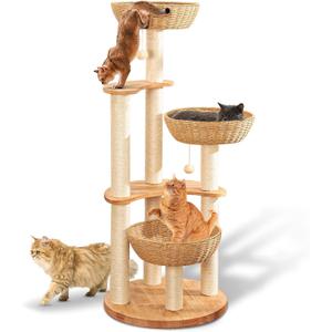 54" Modern Cat Tree Tower for Indoor Cats, Oak Cat Scratching Tree for Multiple Large Cats, Manual Hand Woven Luxury Cat Condo, Unique High-end Design Cat Furniture Activity Centre, Easy Clean