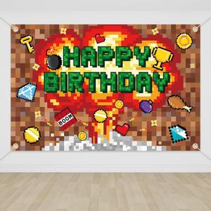 Pixel Style Happy Birthday Backdrop, 150x100cm/5x3.3ft Giant Video Game Theme Party Banner Background Colorful Boom Art Wall Decor for Kids Boys Birthday Room Decorations Photography Supplies
