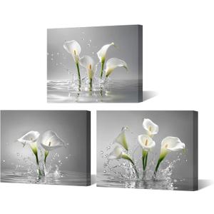 Muzenso White Calla Lily Wall Art Set of 3 12x16 Inch Water Splash Flower Canvas Prints Modern Floral Artwork for Bathroom Bedroom Living Room Spa Office Decor Stretched Canvas Ready to Hang