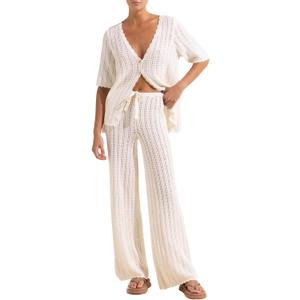 Imily Bela Women's Summer 2 Piece Swimsuit Cover up Crochet Knit Cardigan Tops Long Pants Set Bathing Suit Beach Outfit (Medium, Beige)