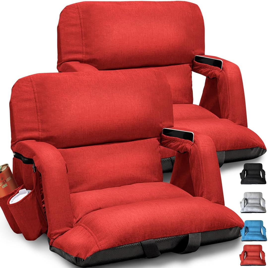 Wide Stadium Seats With Back Support 2 Pack, Exclusive "Sofa Style" Design Extra Thick Bleacher Chairs With Back and Cushion, 6 Reclining Positions - Ultimate Comfort for Sports Events (Red, 22.5"), Wide - Width 22.5 Inches