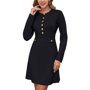 Women's Long Sleeve Sweater Dress Crewneck Button Elegant Bodycon Formal Party Mini Dress (Black, Small)