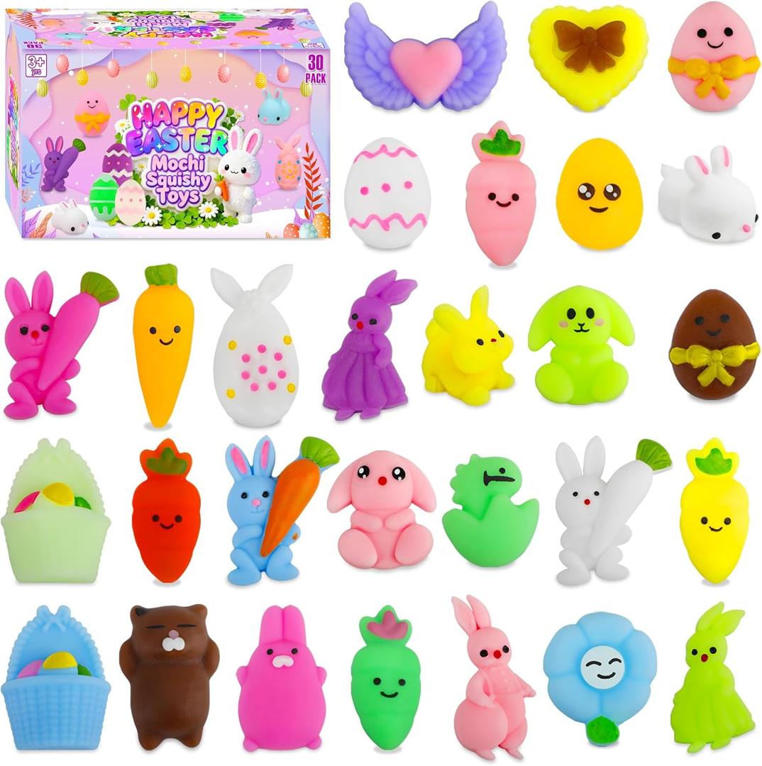 Easter Egg Fillers - 30 Pack Kawaii Mochi Squishy Toys for Easter Basket Stuffers, Mini Cute Squishies Squeeze Toy Easter Party Favors, Easter Gifts for Kids Classroom Prizes School Rewards
