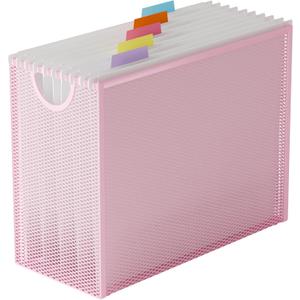Hanging File Organizer, Letter-Size File Holder Filing Box with 5 Hanging Folders, Metal Mesh Desk File Folder Storage(No Assembly Required) (Pink, with 5 Grey Folders)