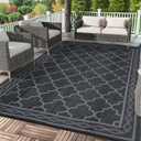 Garvee 9x12 Outdoor Rug Waterproof Patio Rug for RV Camping Black/Grey | Modern Bordered Geometric Rug, Waterproof Patio Rug, Reversible Outdoor Plastic Straw Rugs for RV Patio Porch Deck Balcony
