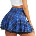 Avidlove Women Pleated Mini Skirt Sexy Lace Ruffle Solid Skirt Lingerie Short Skirts (Large, Blue Plaid)