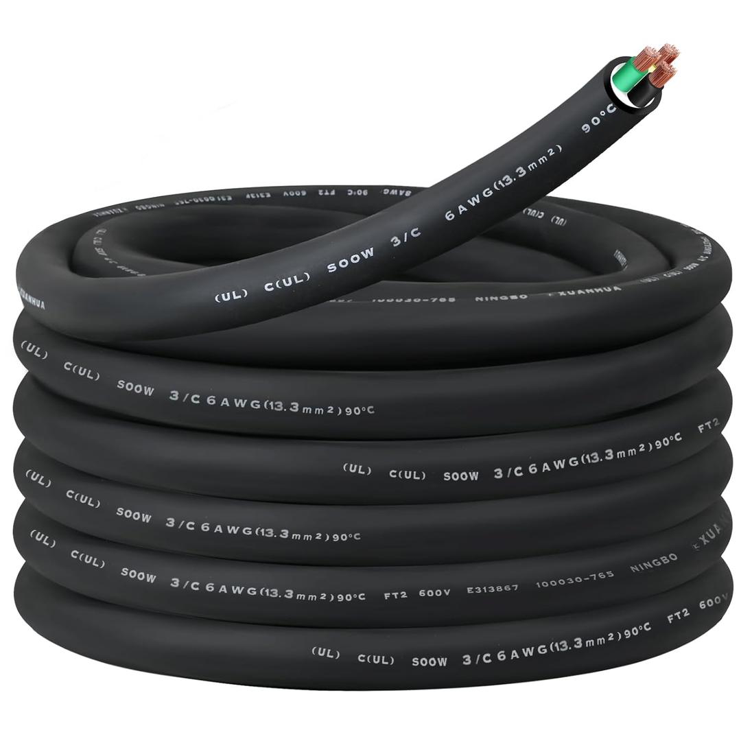 25FT 6/3 6AWG SOOW Portable Power Cable (3 Conductor600V 6 Gauge Electrical SOOW Wire for Welder Machine, Generator, EV Car Charger, Portable Light, Motor Lead, Industrial Outdoor