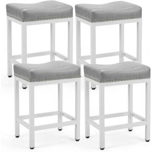 DUMOS Saddle Bar Stools Set of 4, 24 Inch Counter Height Stools with Curved PU Leather Surface, 3.7" Thick Upholstery Bar Height Stools with Footrest for Kitchen Island, Dining, Cafe, Gray