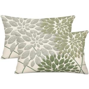 Sage Green Decorative Dahlia Boho Lumbar Pillow Covers 12x20 Inch Set of 2 Geometric Floral Elegant Gray Green White Decor Rustic Farmhouse Throw Pillows Cushion Cases for Sofa Bed Decor