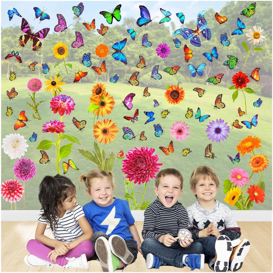 2 x Spring Window Flower Clings, 83Pcs Colorful Flower Butterfly Anti-Collision Window Decals, Double Side Window Sticker Decorations for Baby Shower Decoration Party Supplies