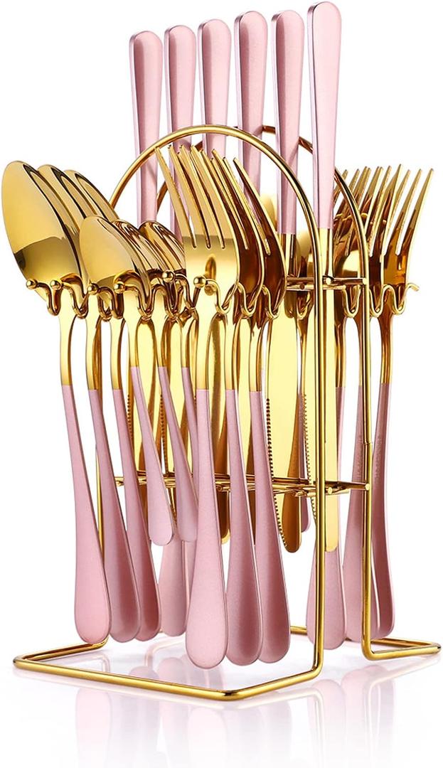 24 Pieces Silverware Set, Caliamary Stainless Steel Flatware Set with Silverware Holder Spoons Forks Knives,Utensils Set Service for 6,Gold Mirror Polished and Matte Pink Painted (Pink)