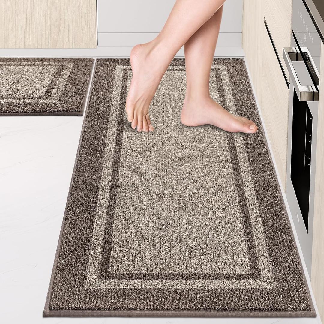 Kitchen Rugs Set (24" x 36"+24" x 60"), Non-Slip Machine Washable Kitchen Runner Rugs Floor Mats, Absorbent Comfort Standing Mats for Kitchen, Sink and Hallway, Rolled Packaging, Beige & Grayish Brown