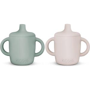 KIDSco. Silicone Sippy Cups (2 Pack)  Soft Spout & Open Training Cups for Babies 6+ Months | Easy Grip Handles, Unbreakable BPA-Free Silicone, Leak-Resistant, Dishwasher Safe (Green and Sandy Shore)