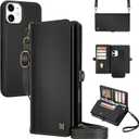 for Wallet Case Compatible with iPhone 11,Multi-Function Detachable 2 in 1 Magnetic iPhone 11 Case Wallet,Flip Strap Zipper Card Holder Phone Case with Shoulder Straps (Black)